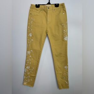 Driftwood Jackie Yellow Embroidered high rise Skinny Jeans size 27 artsy floral